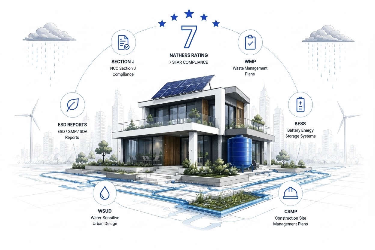 Illustration of a modern sustainable home with solar panels and rainwater tank, surrounded by ESD service icons: Section J, NatHERS 7 Star Rating, WMP, BESS, ESD Reports, WSUD and CSMP