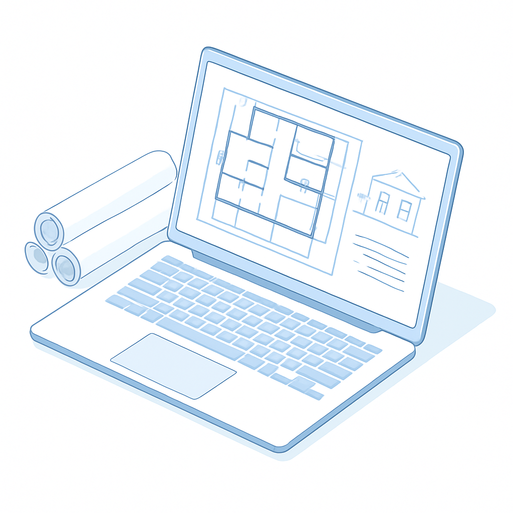 Laptop displaying architectural building plans ready for compliance review